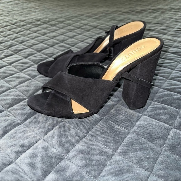 Schutz heels Women 8.5 Shoes Revolve Black Suede Tassel Block Open Toe Strappy - Picture 4 of 14